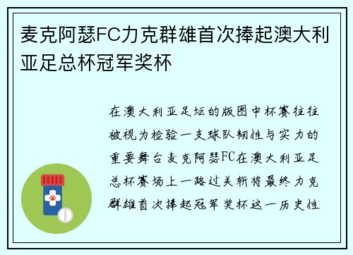 麦克阿瑟FC力克群雄首次捧起澳大利亚足总杯冠军奖杯 麦克阿瑟FC力克群雄首次捧起澳大利亚足总杯冠军奖杯