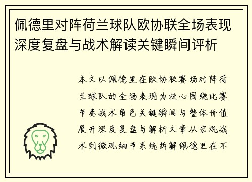 佩德里对阵荷兰球队欧协联全场表现深度复盘与战术解读关键瞬间评析