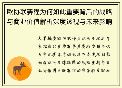 欧协联赛程为何如此重要背后的战略与商业价值解析深度透视与未来影响